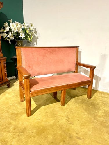 Large Wooden Pitch Pine Upholstered Bench