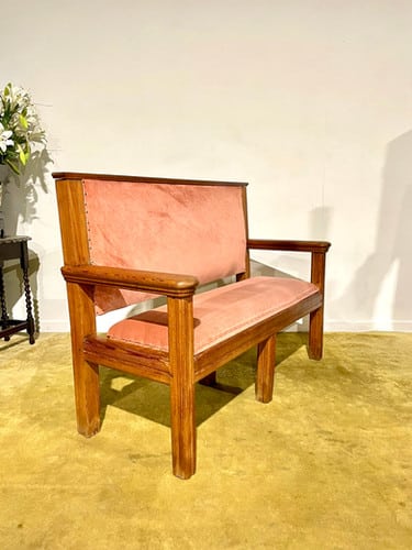 Large Wooden Pitch Pine Upholstered Bench