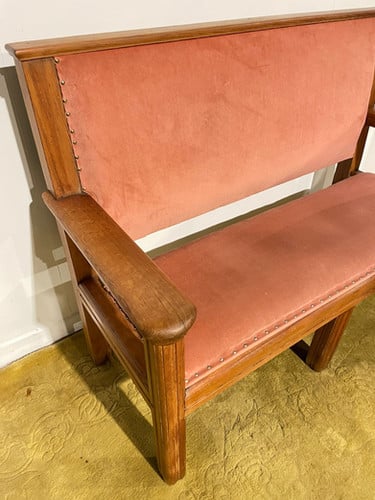 Large Wooden Pitch Pine Upholstered Bench
