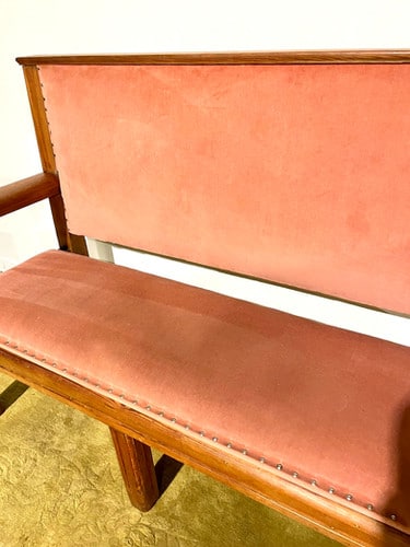 Large Wooden Pitch Pine Upholstered Bench