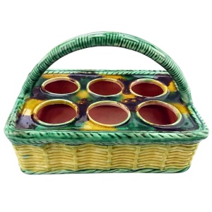 An antique novelty tortoiseshell glaze Majolica pottery Basket Egg Stand C.19thC