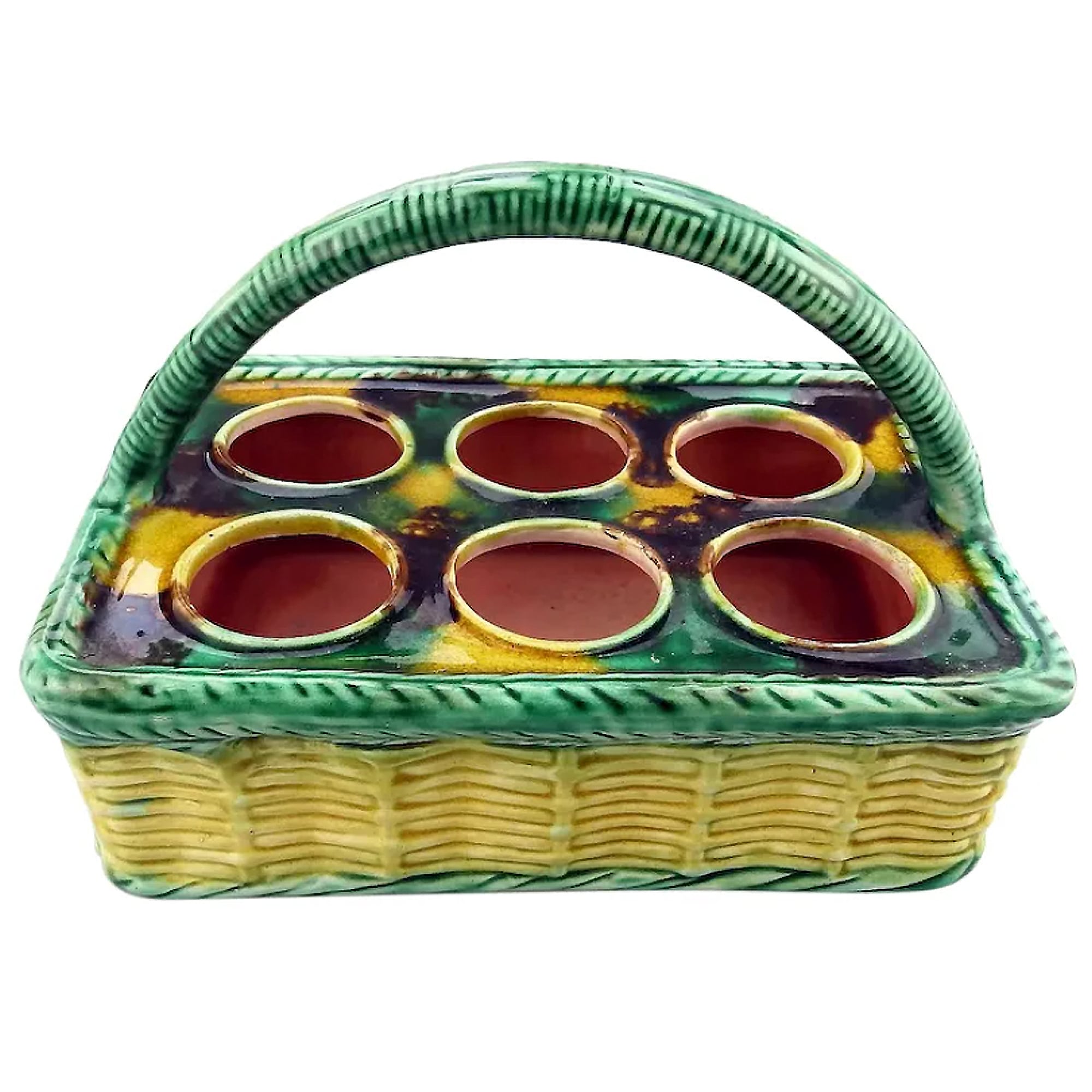 An antique novelty tortoiseshell glaze Majolica pottery Basket Egg Stand C.19thC