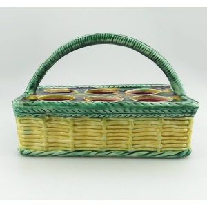 An antique novelty tortoiseshell glaze Majolica pottery Basket Egg Stand C.19thC
