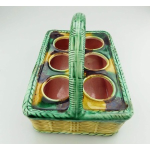 An antique novelty tortoiseshell glaze Majolica pottery Basket Egg Stand C.19thC