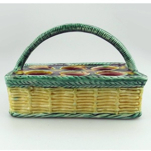 An antique novelty tortoiseshell glaze Majolica pottery Basket Egg Stand C.19thC