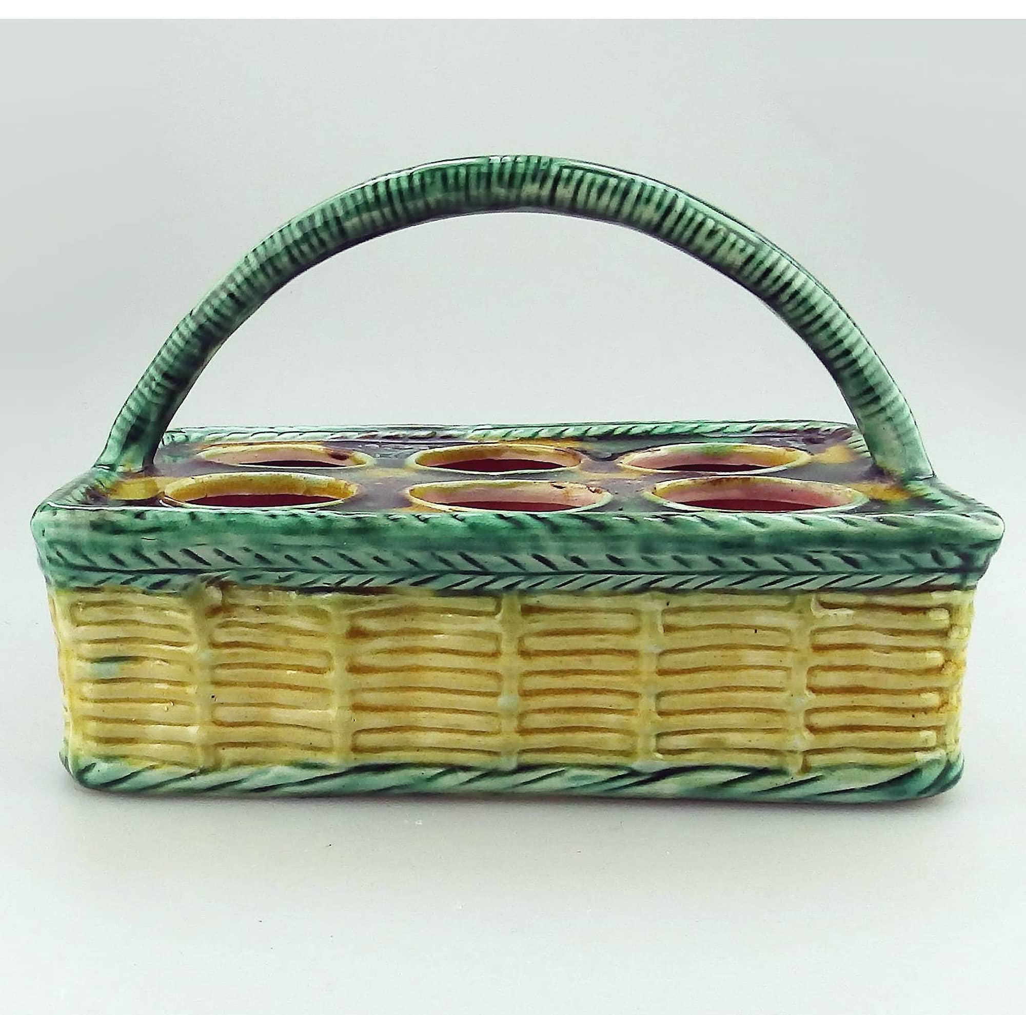 An antique novelty tortoiseshell glaze Majolica pottery Basket Egg Stand C.19thC