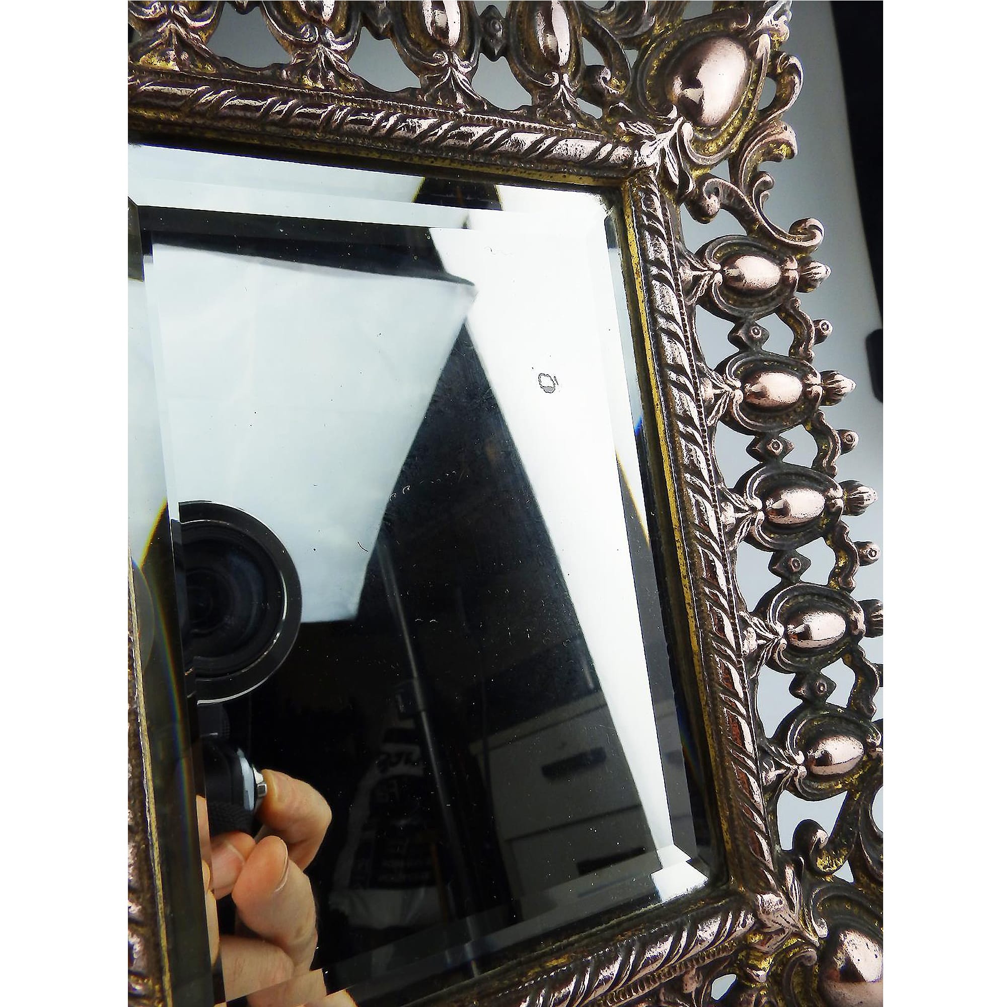 Attractive antique Victorian cast metal table-top easel Pier Glass Mirror C.19th