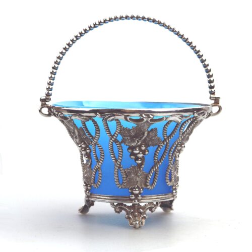 A good & rare antique silver plate Sweet Sugar Basket with opaline liner C.19thC