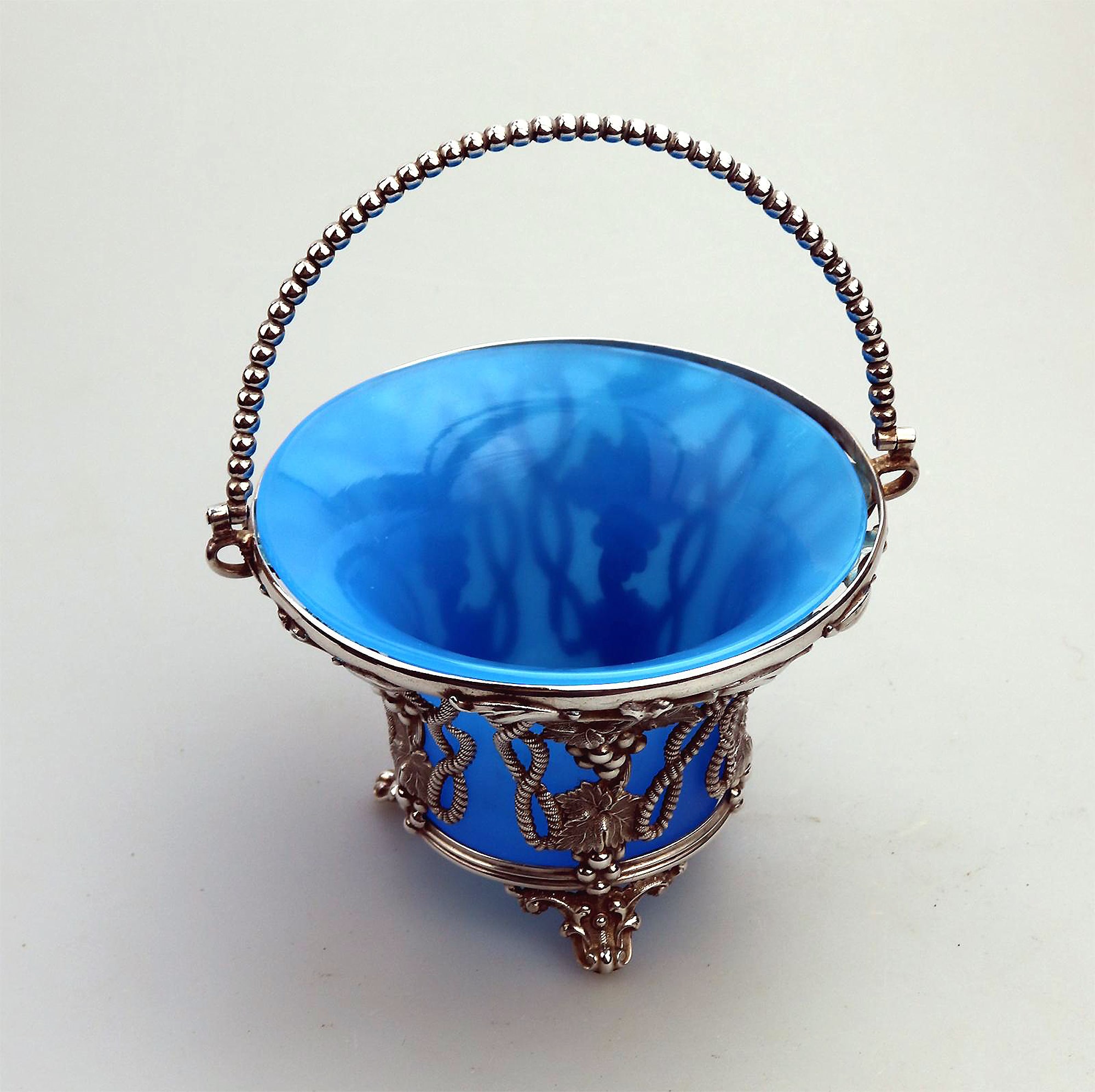 A good & rare antique silver plate Sweet Sugar Basket with opaline liner C.19thC