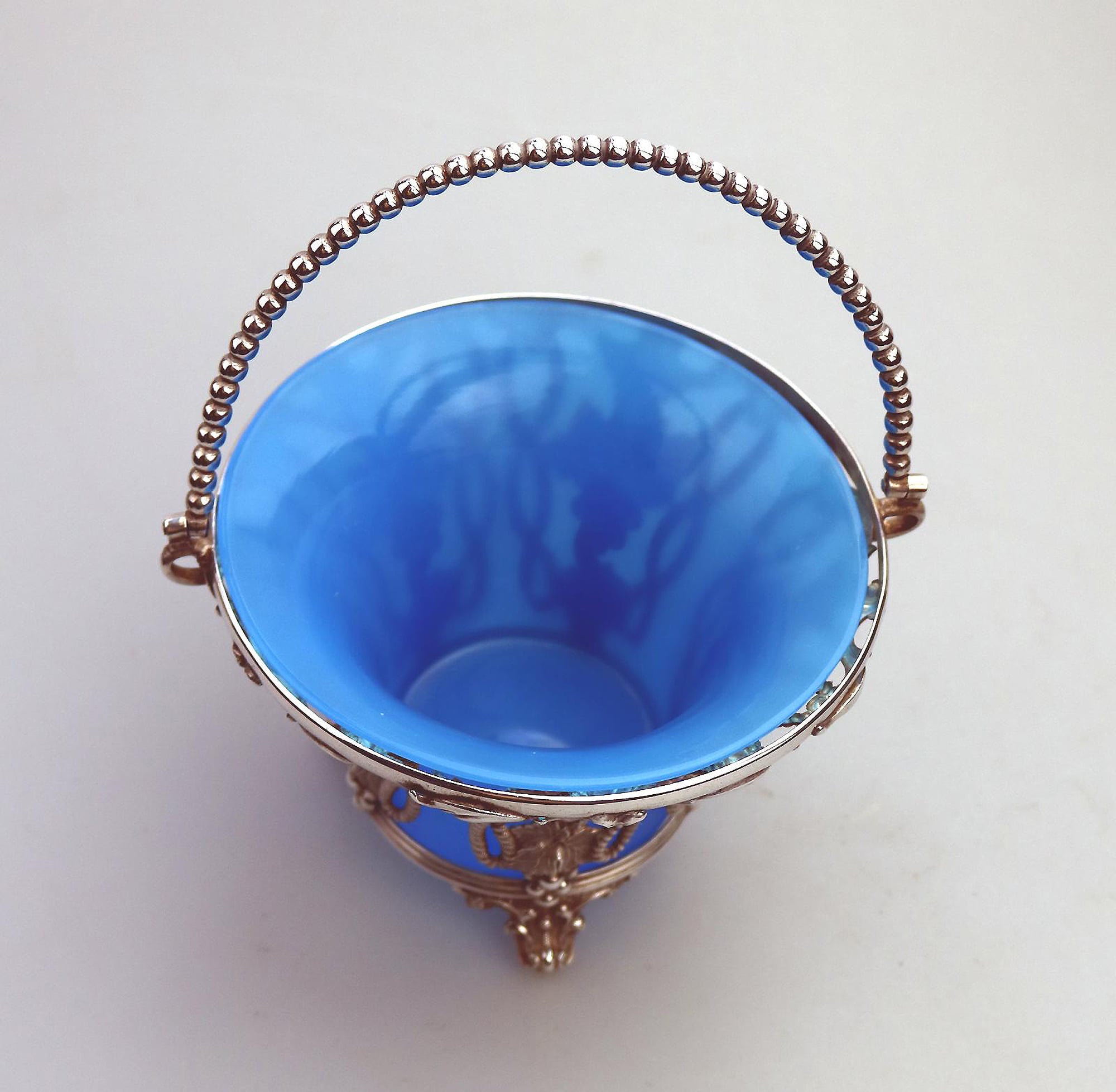 A good & rare antique silver plate Sweet Sugar Basket with opaline liner C.19thC