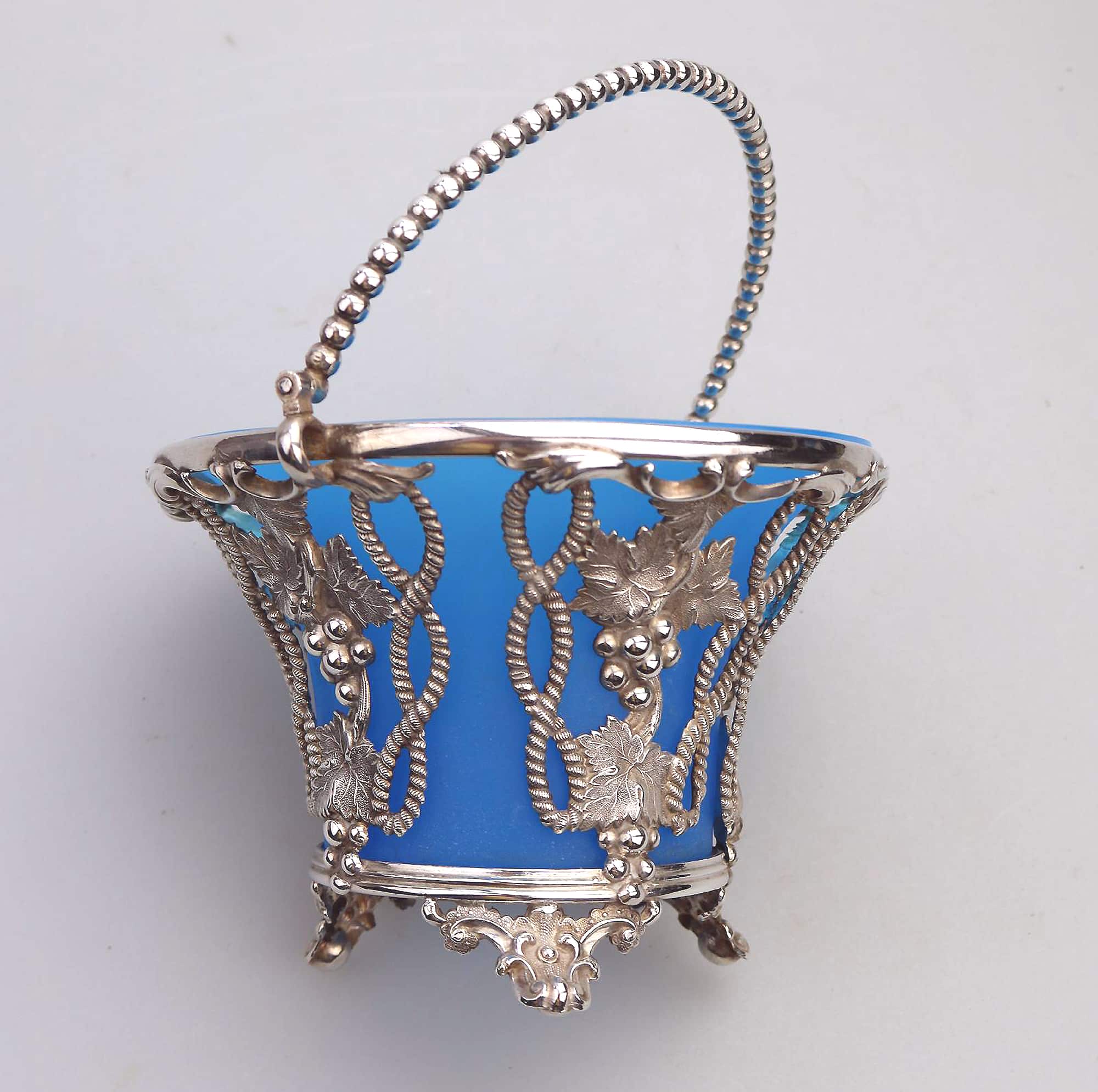 A good & rare antique silver plate Sweet Sugar Basket with opaline liner C.19thC