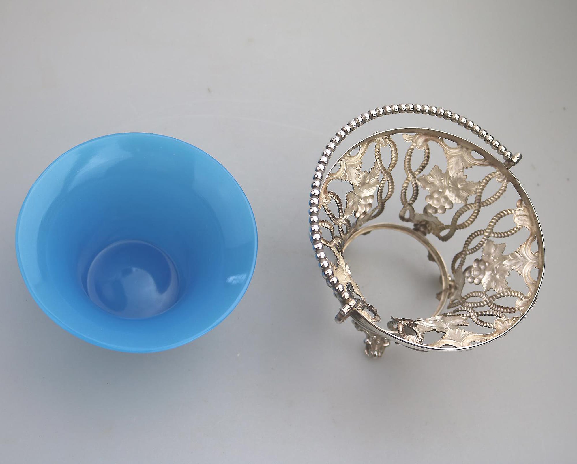 A good & rare antique silver plate Sweet Sugar Basket with opaline liner C.19thC