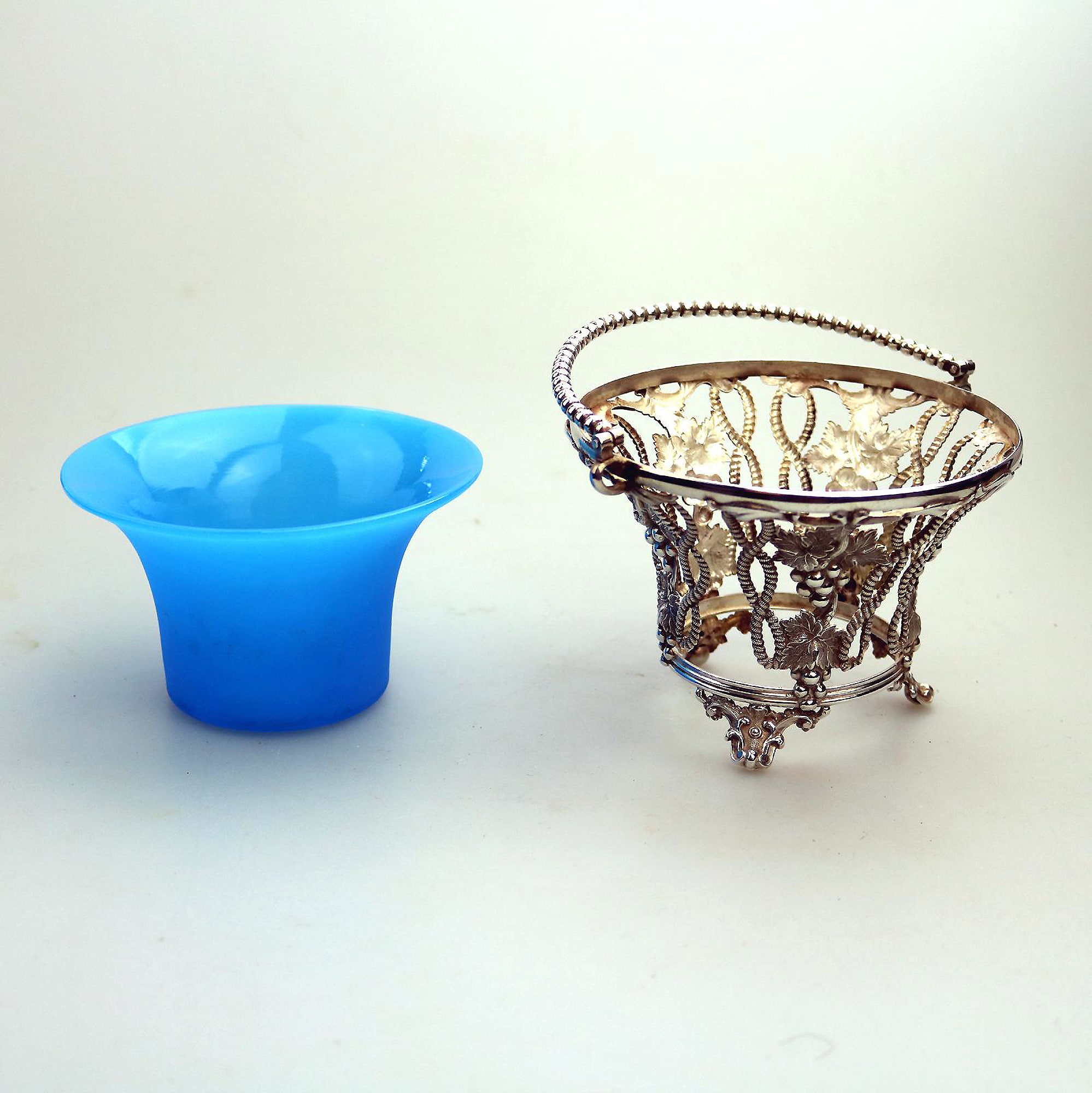 A good & rare antique silver plate Sweet Sugar Basket with opaline liner C.19thC