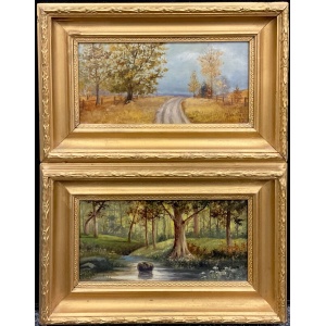 Pair Oil Paintings Early 20th Century Gilt Carved Frames