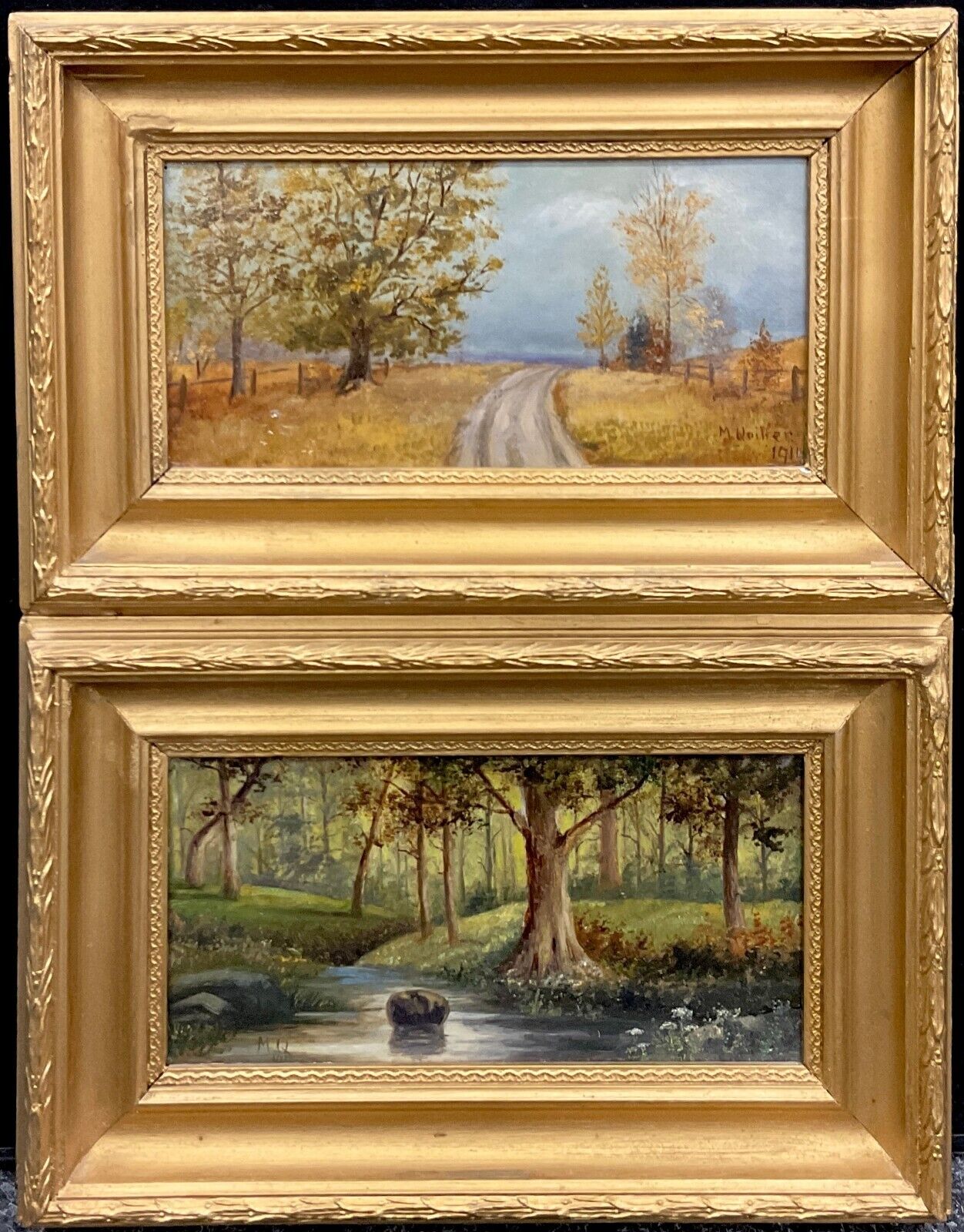 Pair Oil Paintings Early 20th Century Gilt Carved Frames