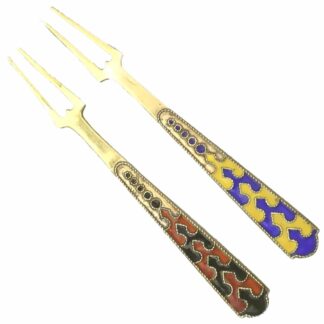 A good pair of Russian 875 solid silver gilt & enamel serving Lemon Forks C.1940+