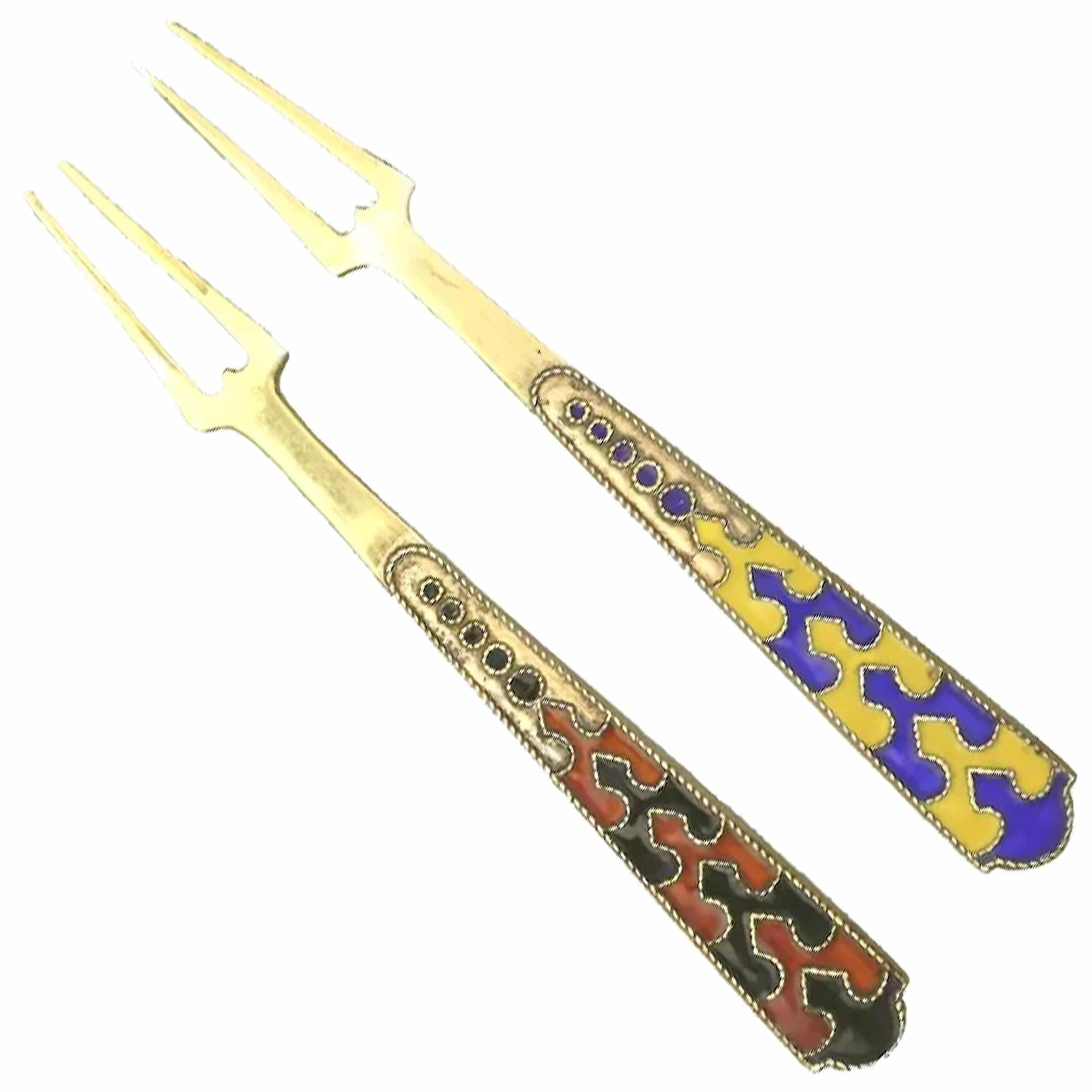 A good pair of Russian 875 solid silver gilt & enamel serving Lemon Forks C.1940+