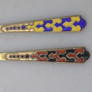 A good pair of Russian 875 solid silver gilt & enamel serving Lemon Forks C.1940+