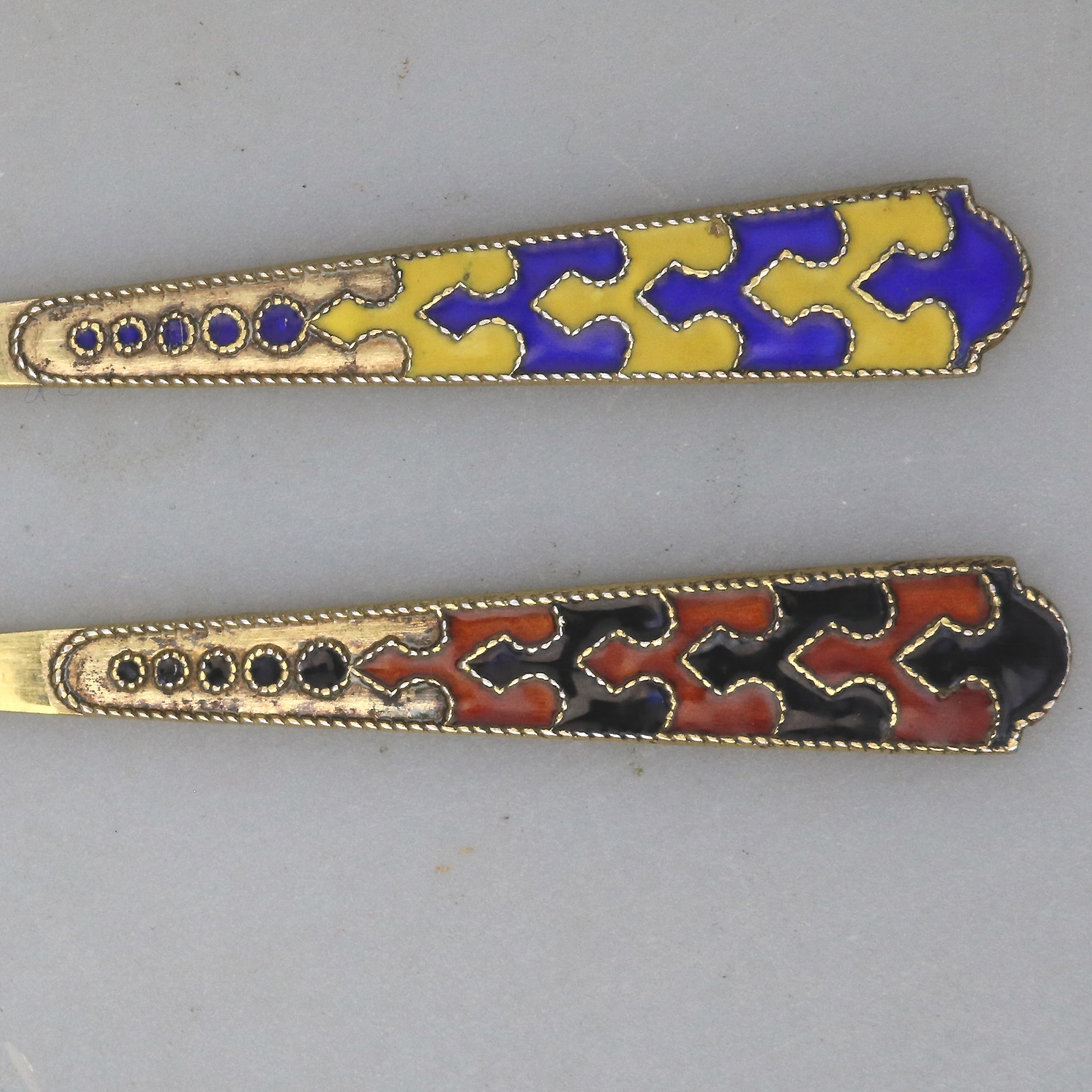 A good pair of Russian 875 solid silver gilt & enamel serving Lemon Forks C.1940+