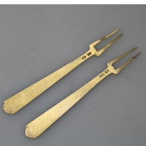 A good pair of Russian 875 solid silver gilt & enamel serving Lemon Forks C.1940+
