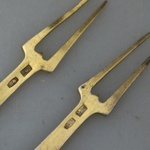 A good pair of Russian 875 solid silver gilt & enamel serving Lemon Forks C.1940+
