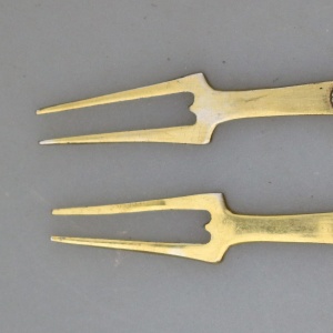 A good pair of Russian 875 solid silver gilt & enamel serving Lemon Forks C.1940+