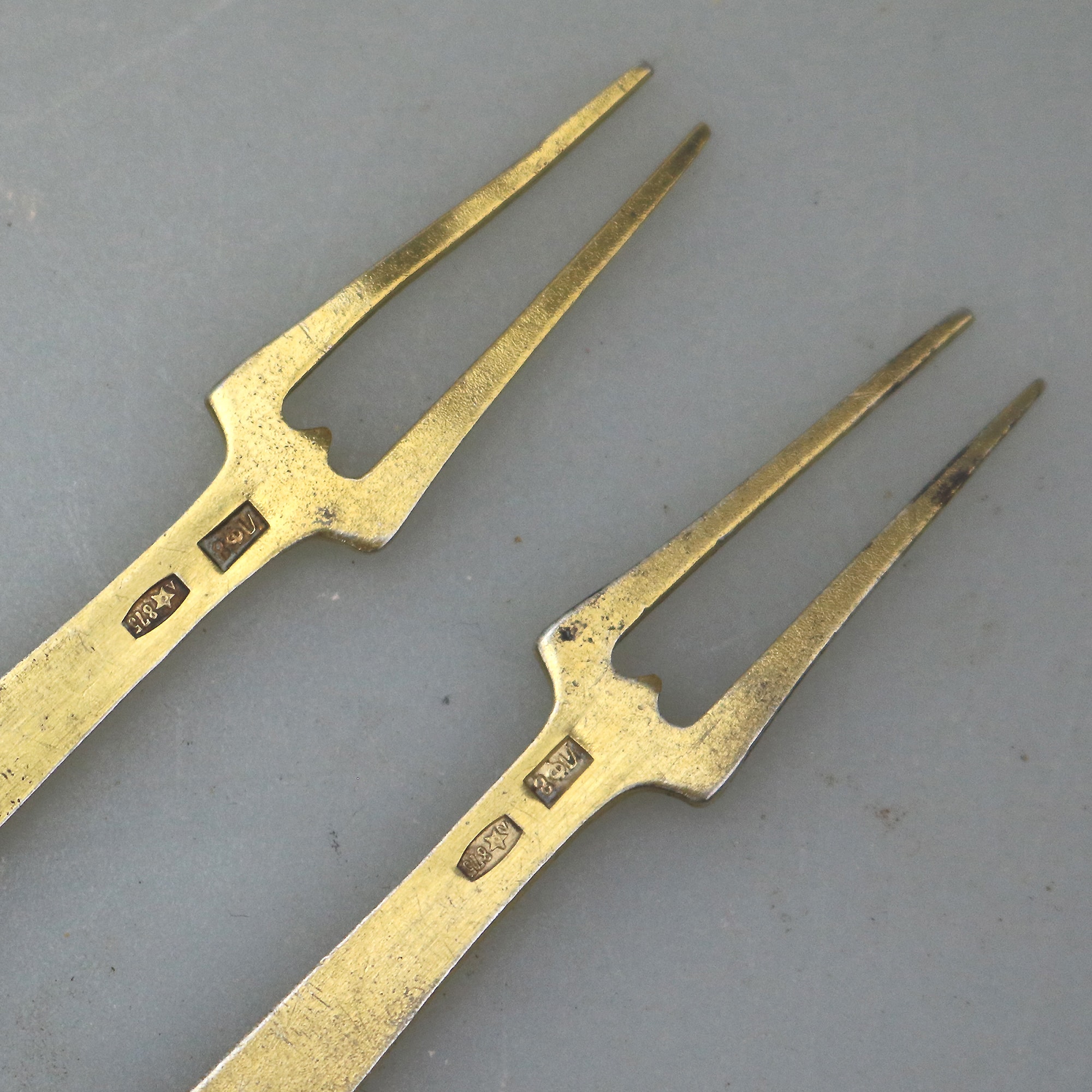 A good pair of Russian 875 solid silver gilt & enamel serving Lemon Forks C.1940+