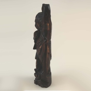 A large antique Chinese silver inlaid hardwood carved Figurine of a Sage C.19thC