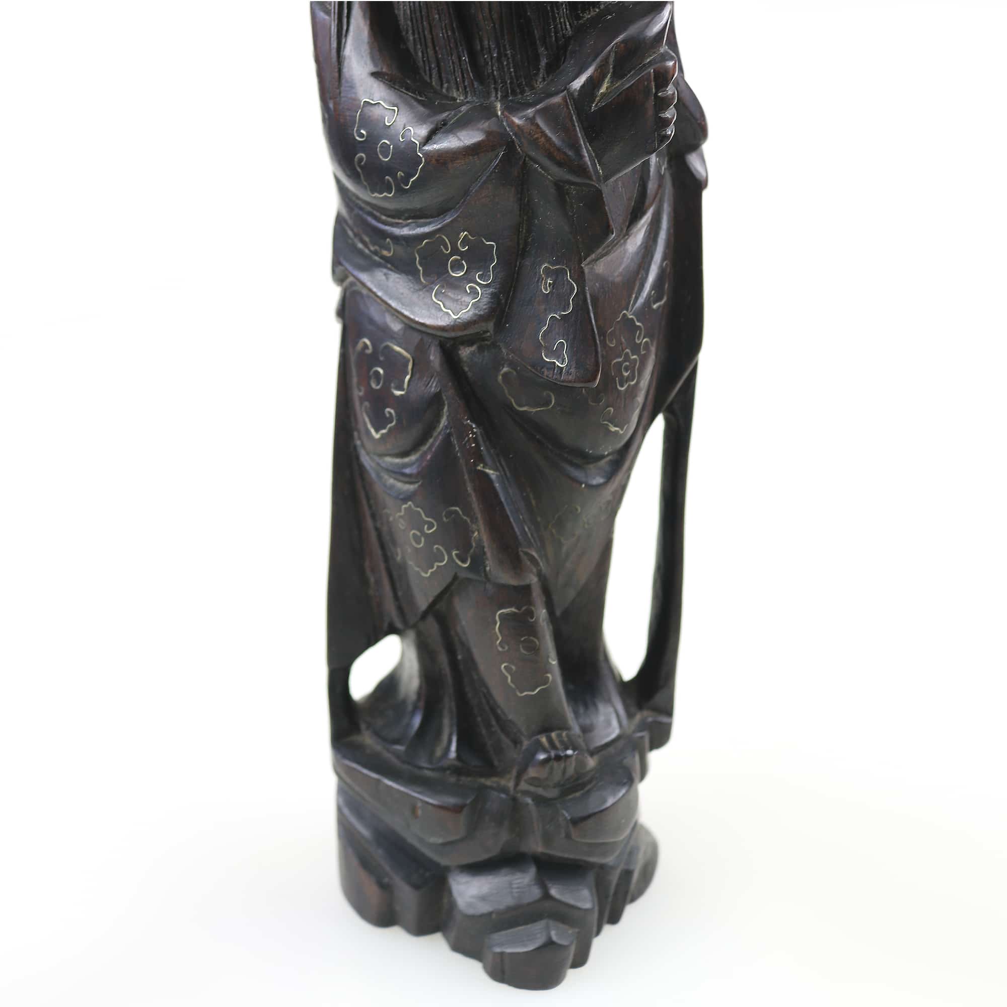 A large antique Chinese silver inlaid hardwood carved Figurine of a Sage C.19thC