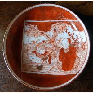 An antique Kutani Satsuma hand-painted ceramic Saki Spice Dish signed C.19thC