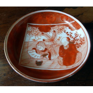 An antique Kutani Satsuma hand-painted ceramic Saki Spice Dish signed C.19thC