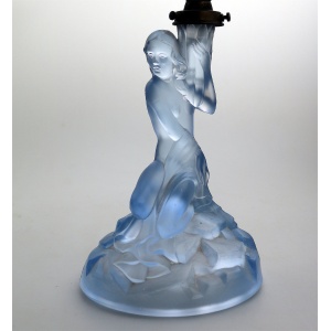 An Art Deco maiden art glass Walther & Sohne blue Figural Table Lamp C.1930's