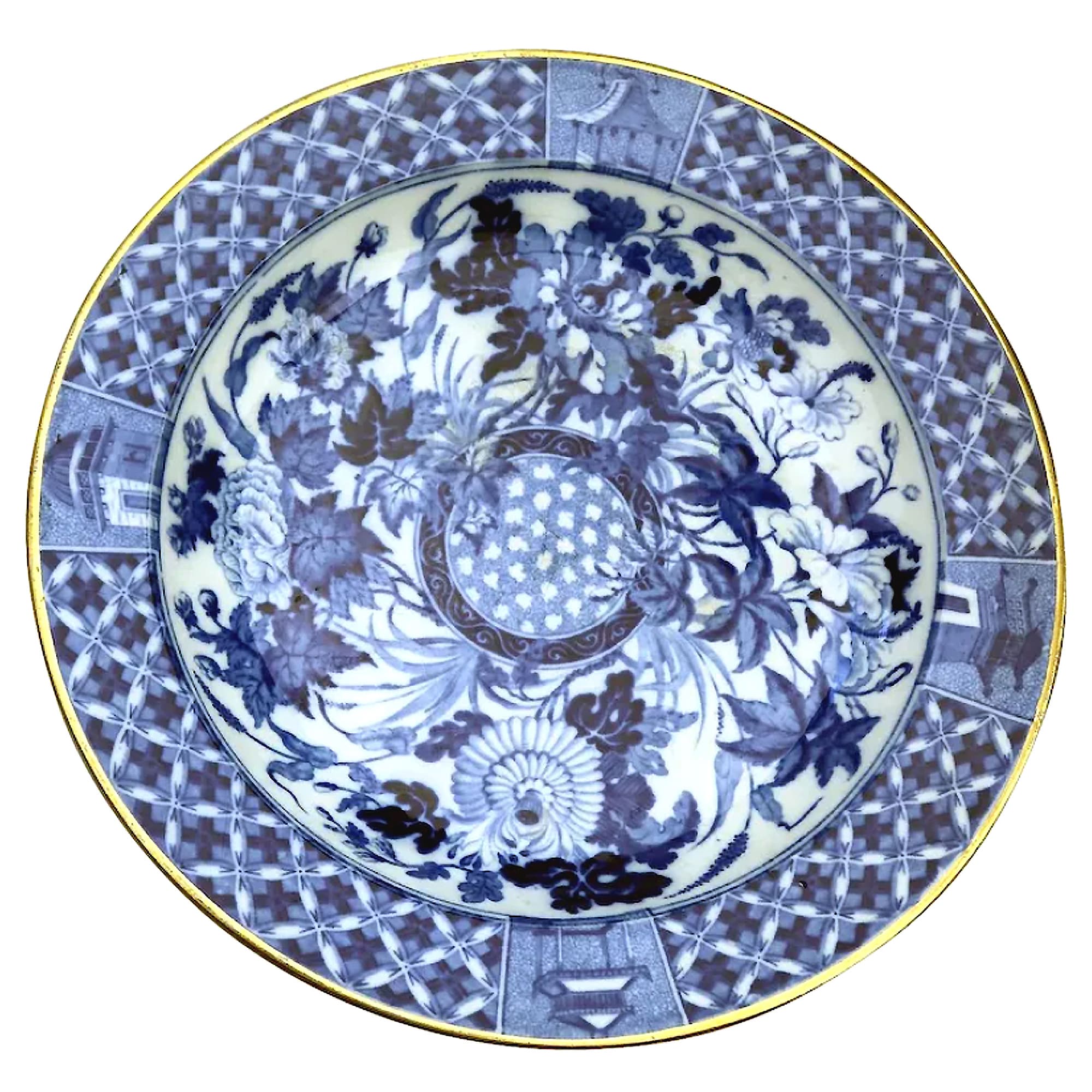 A rare antique Georgian B&W transferware Wedgwood pottery hibiscus Soup Plate C.1810