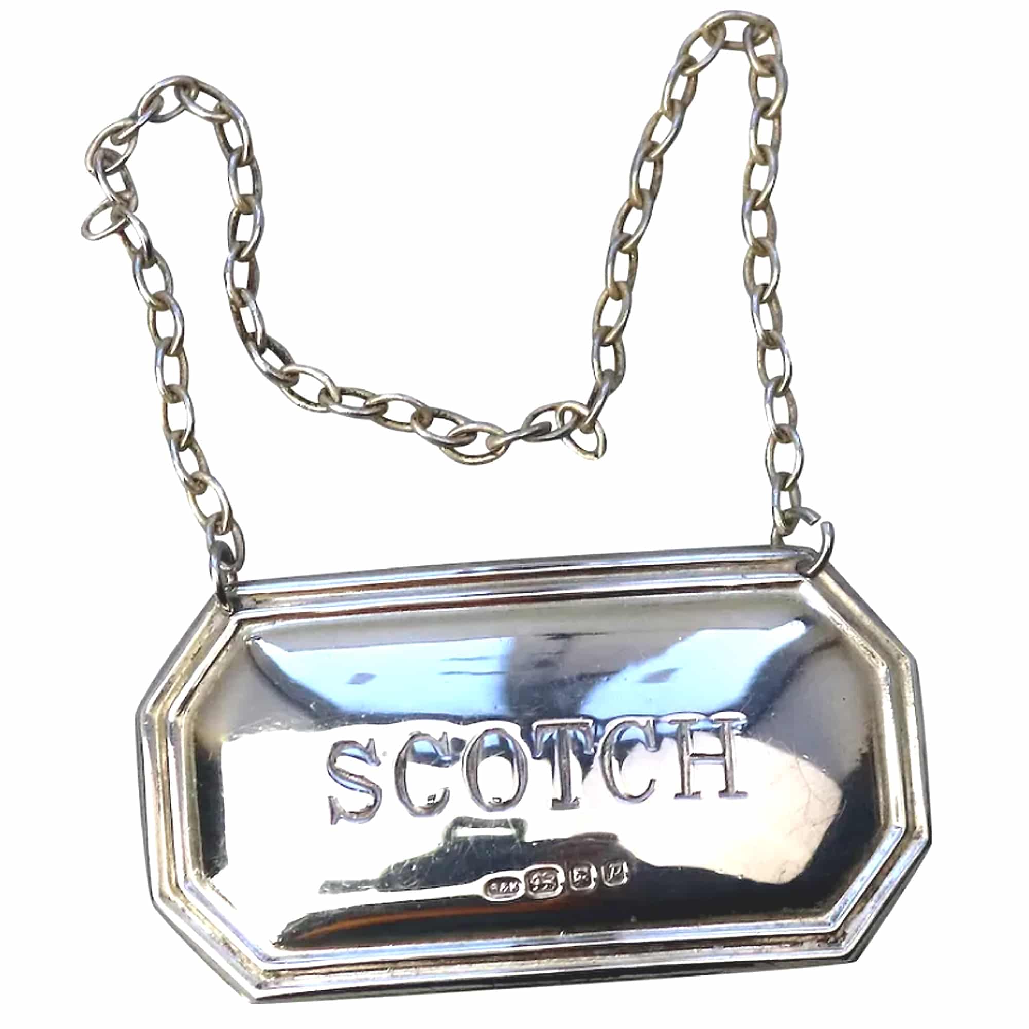 English solid silver Scotch Decanter Label Ticket by Richards & Knight C.1970