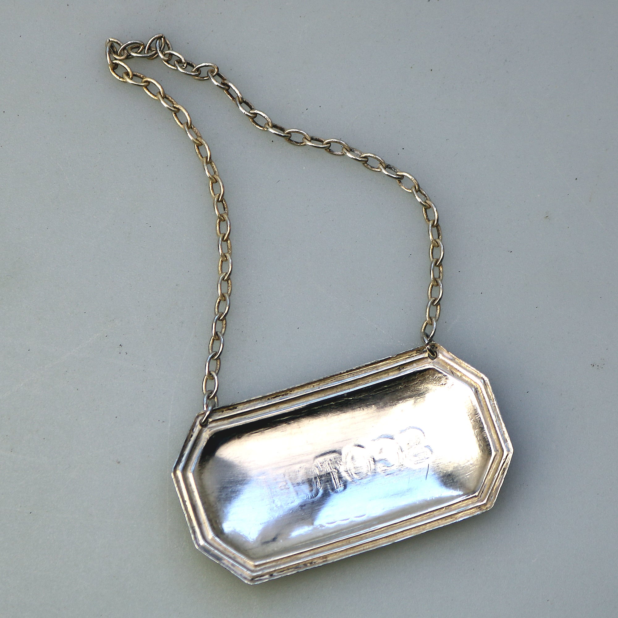 English solid silver Scotch Decanter Label Ticket by Richards & Knight C.1970