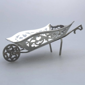 A rare antique English solid silver novelty pierced Wheelbarrow BonBon Dish C.1908