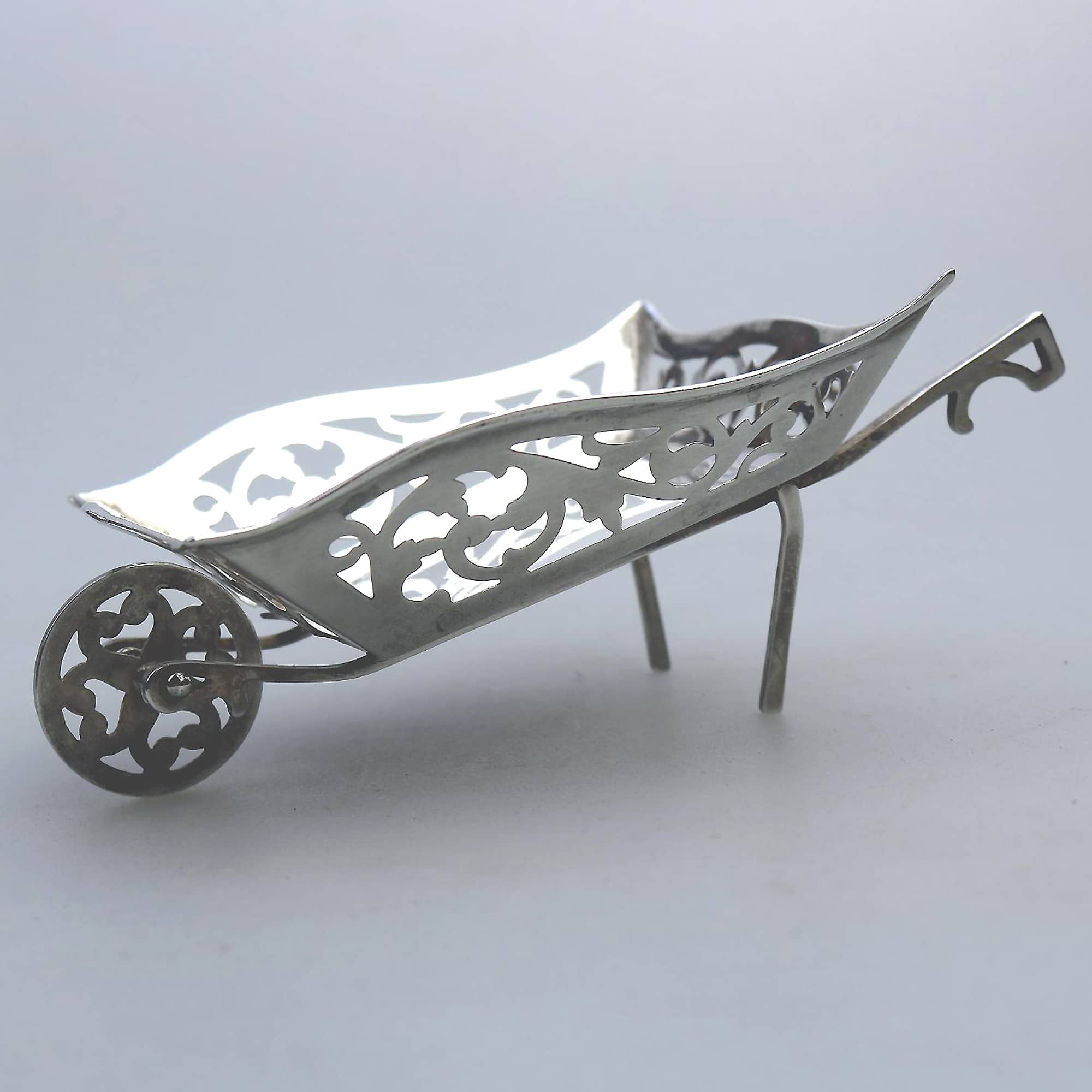A rare antique English solid silver novelty pierced Wheelbarrow BonBon Dish C.1908