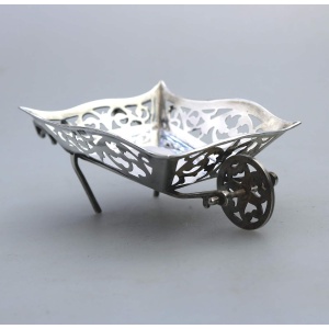 A rare antique English solid silver novelty pierced Wheelbarrow BonBon Dish C.1908