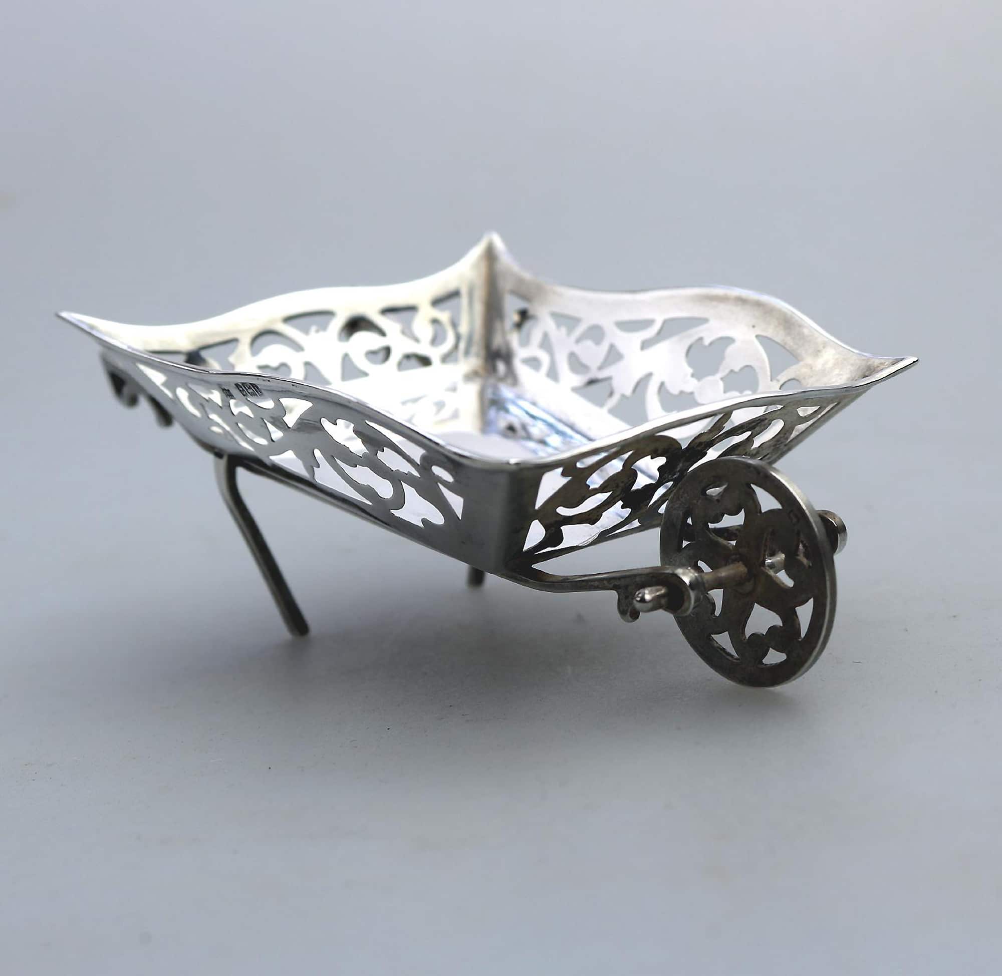 A rare antique English solid silver novelty pierced Wheelbarrow BonBon Dish C.1908