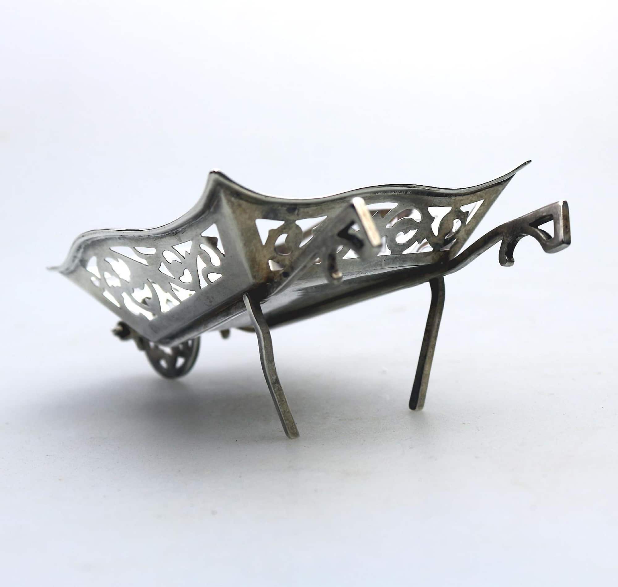 A rare antique English solid silver novelty pierced Wheelbarrow BonBon Dish C.1908