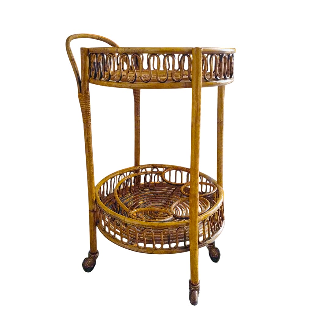 1960s Gorgeous Bamboo & Rattan Serving Bar Cart Trolley by Franco Albini. Made in Italy