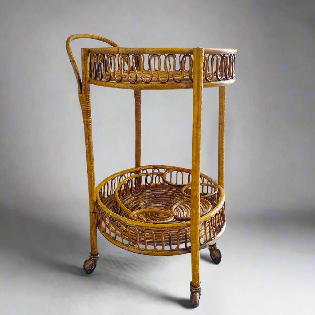 1960s Gorgeous Bamboo & Rattan Serving Bar Cart Trolley by Franco Albini. Made in Italy