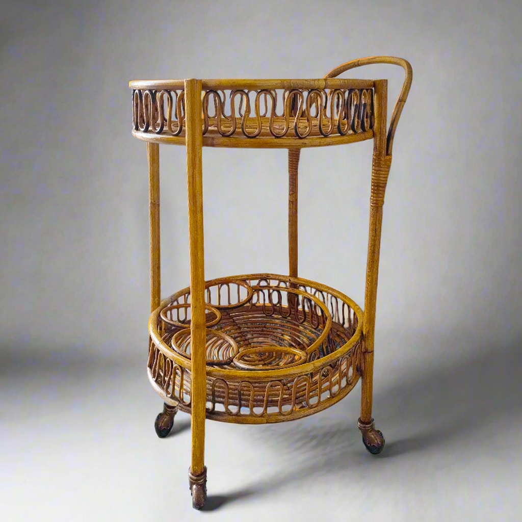 1960s Gorgeous Bamboo & Rattan Serving Bar Cart Trolley by Franco Albini. Made in Italy