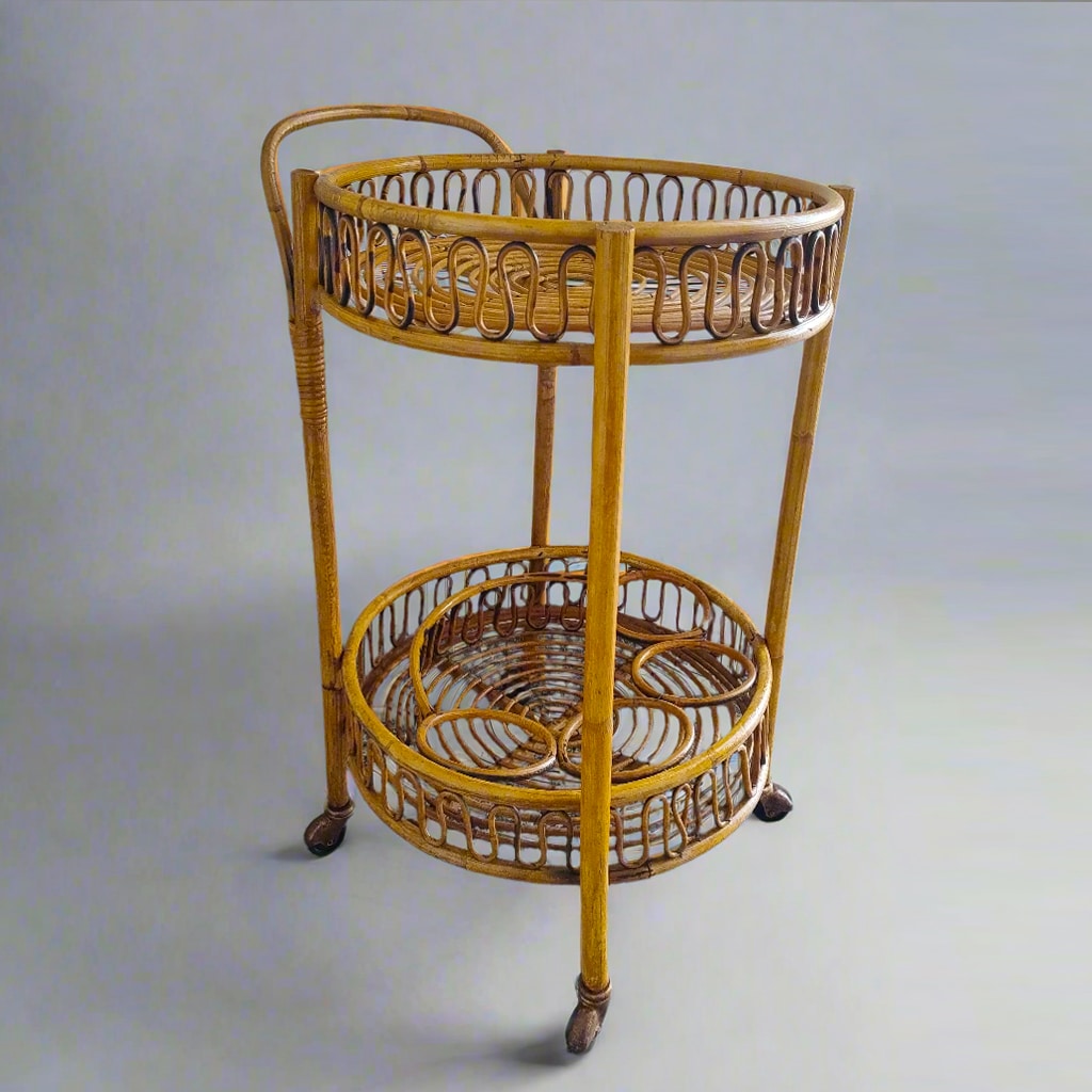 1960s Gorgeous Bamboo & Rattan Serving Bar Cart Trolley by Franco Albini. Made in Italy