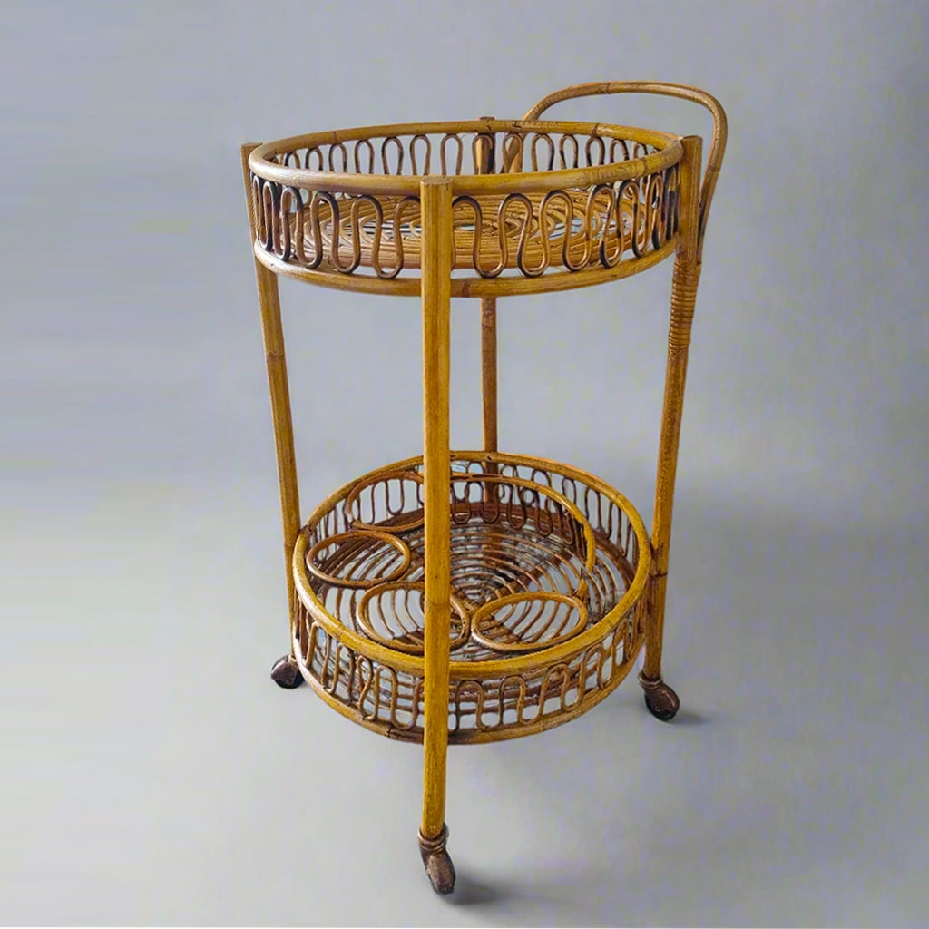 1960s Gorgeous Bamboo & Rattan Serving Bar Cart Trolley by Franco Albini. Made in Italy
