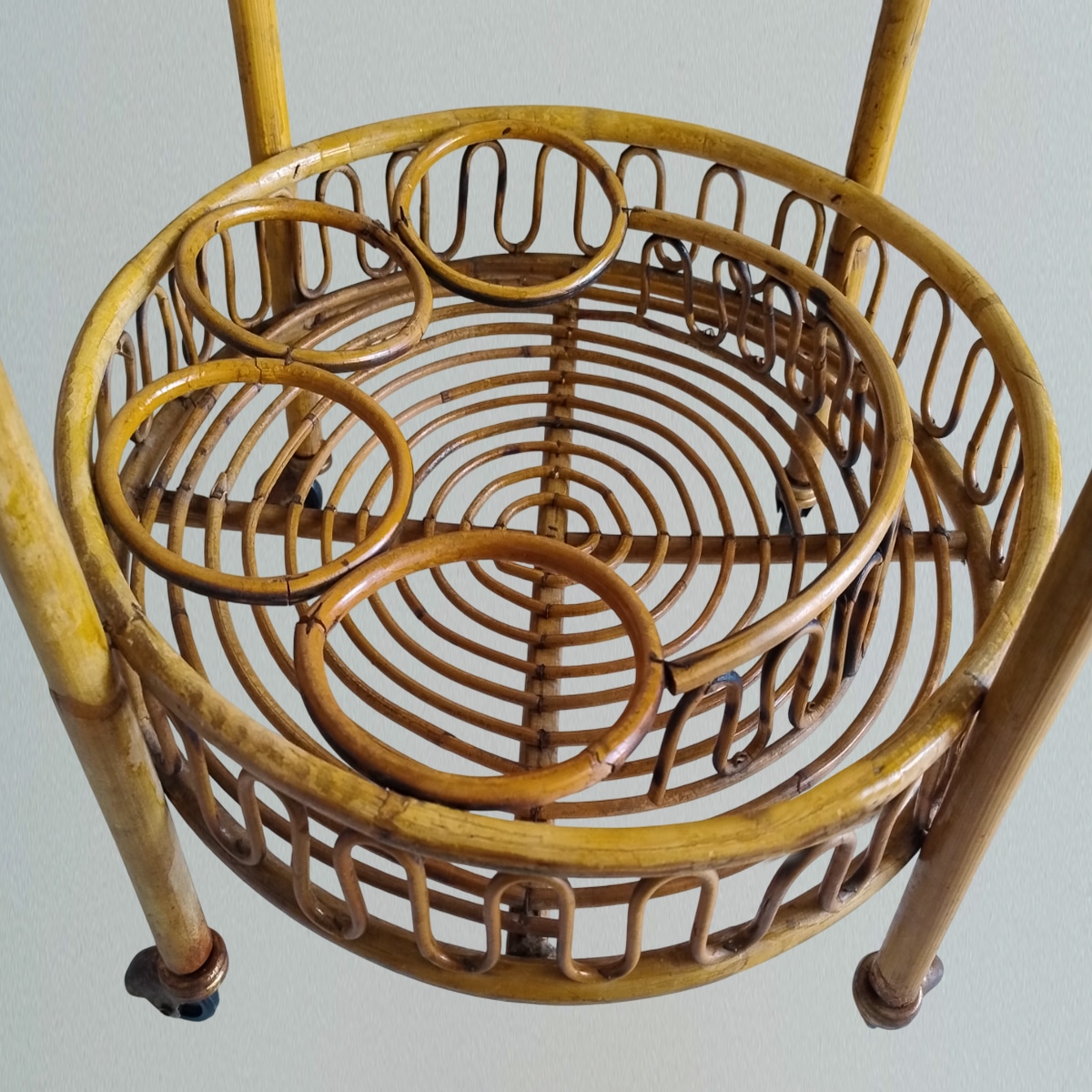 1960s Gorgeous Bamboo & Rattan Serving Bar Cart Trolley by Franco Albini. Made in Italy