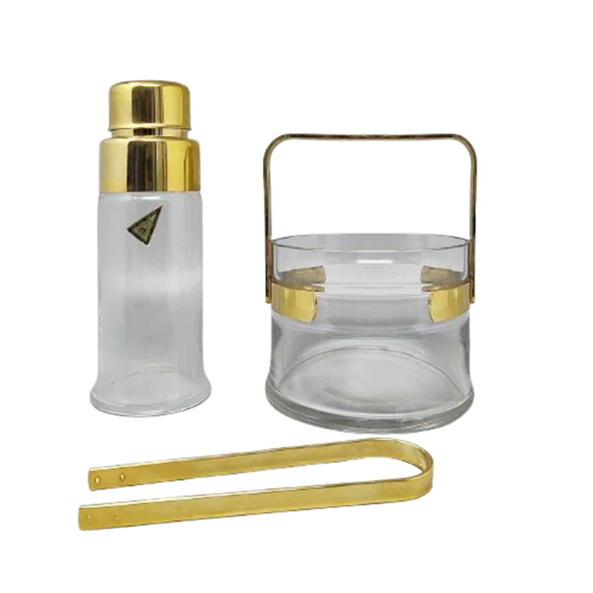1970s Gorgeous Cocktail Shaker With Ice Bucket by Dorval in Gold plate 24K and Crystal. Made in Italy
