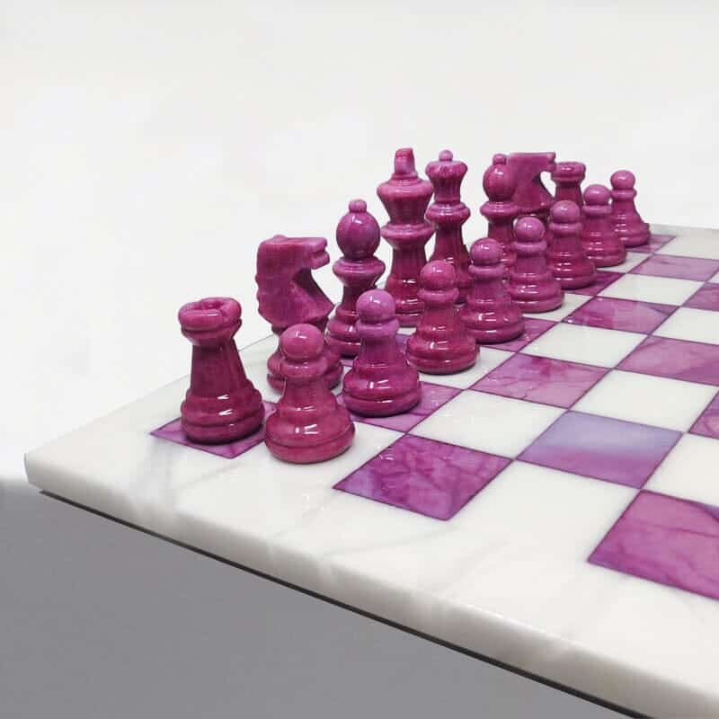 1970s Stunning Pink and White Chess Set in Volterra Alabaster Handmade Made in Italy
