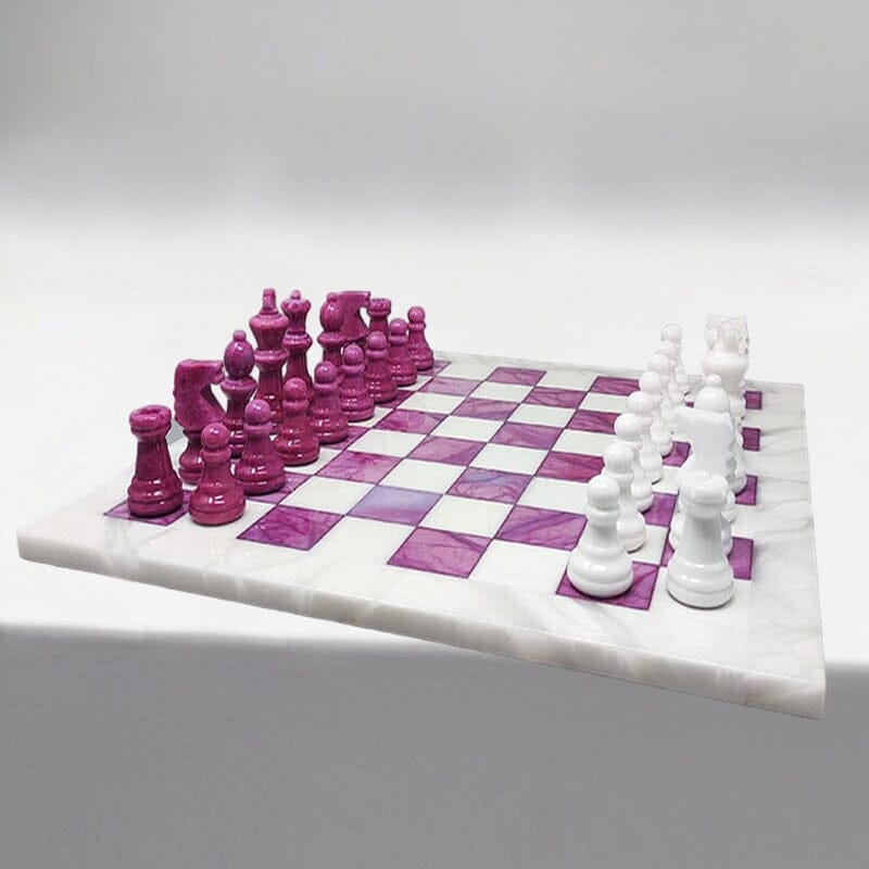 1970s Stunning Pink and White Chess Set in Volterra Alabaster Handmade Made in Italy