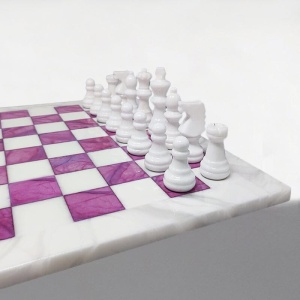 1970s Stunning Pink and White Chess Set in Volterra Alabaster Handmade Made in Italy